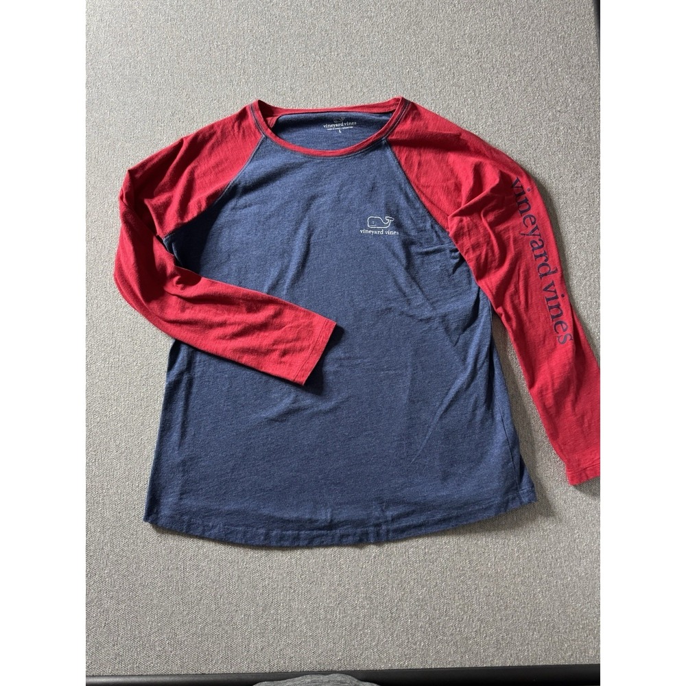 Vineyard Vines Women's Blue With Red Raglan Long Sleeves Cotton T-Shirt Large